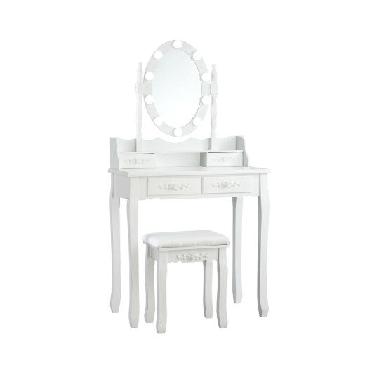 Makeup Dressing Table with Touch Switch Lighted Mirror and Cushioned Stool-White