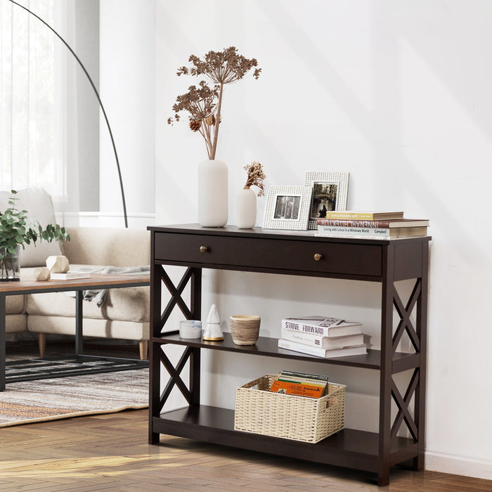 Console Table 3-Tier with Drawer and Storage Shelves-Espresso