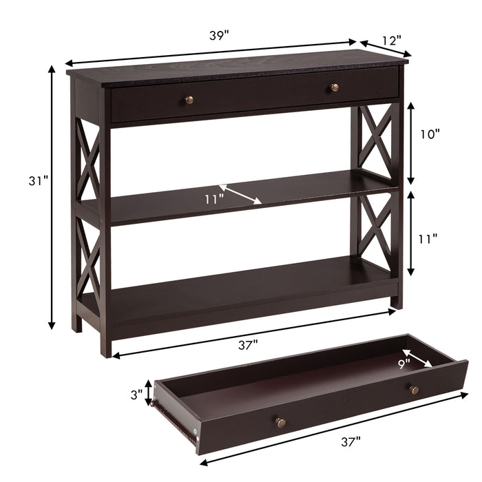 Console Table 3-Tier with Drawer and Storage Shelves-Espresso