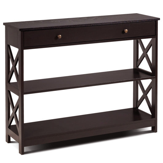 Console Table 3-Tier with Drawer and Storage Shelves-Espresso