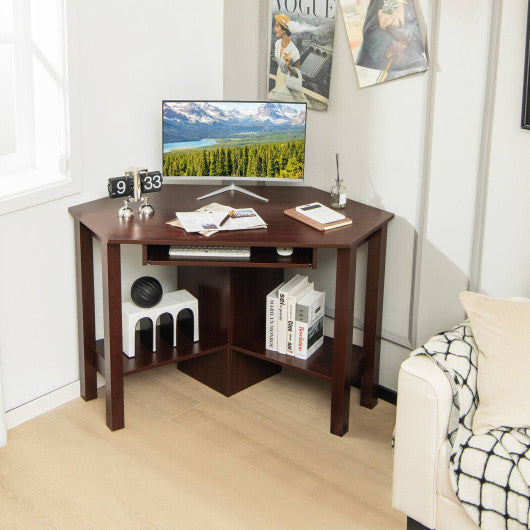 Wooden Study Computer Corner Desk with Drawer-Coffee