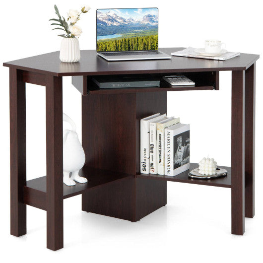 Wooden Study Computer Corner Desk with Drawer-Coffee