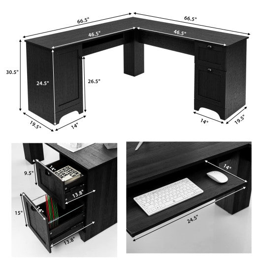 66 x 66 Inch L-shaped Corner Computer Desk with Drawers-Black