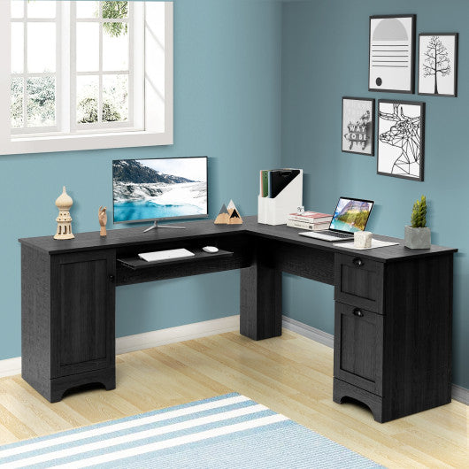 66 x 66 Inch L-shaped Corner Computer Desk with Drawers-Black