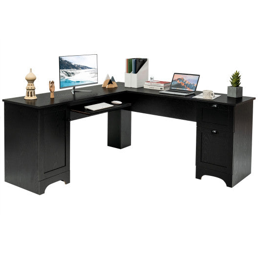 66 x 66 Inch L-shaped Corner Computer Desk with Drawers-Black