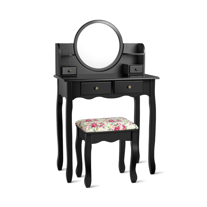 Makeup Vanity Table Set Girls Dressing Table with Drawers Oval Mirror-Black