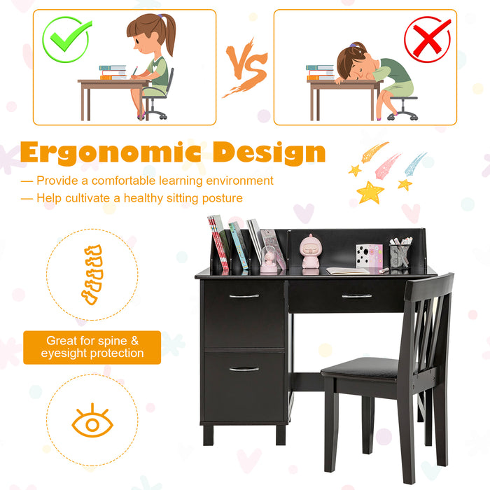 Kids Wooden Writing Furniture Set with Drawer and Storage Cabinet-Dark Brown