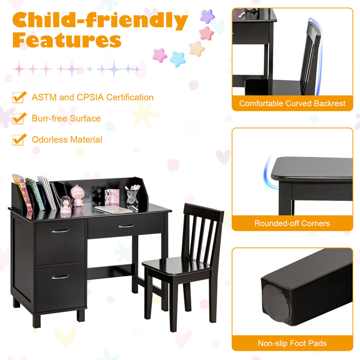 Kids Wooden Writing Furniture Set with Drawer and Storage Cabinet-Dark Brown