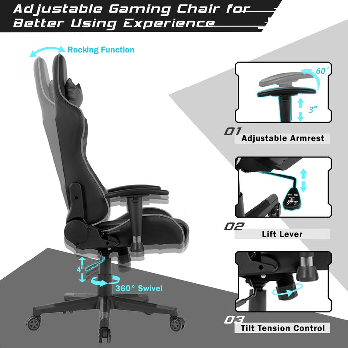 Reclining Swivel Massage Gaming Chair with Lumbar Support-Gray