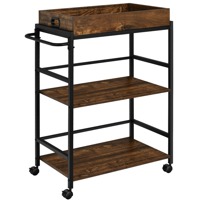 3-Tier Kitchen Serving Bar Cart with Lockable Casters and Handle Rack for Home Pub-Rustic Brown