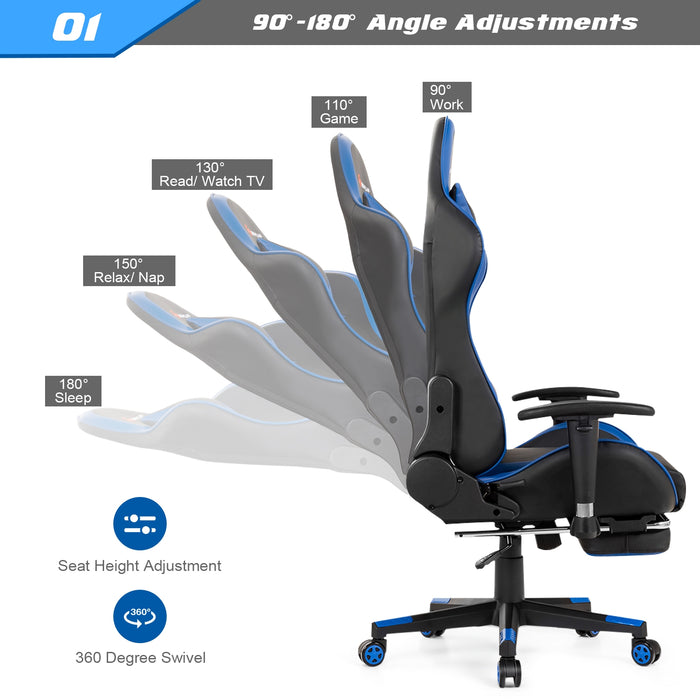 Massage Gaming Chair with Footrest-Blue