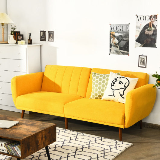 Convertible Futon Sofa Bed Adjustable Couch Sleeper with Wood Legs-Yellow