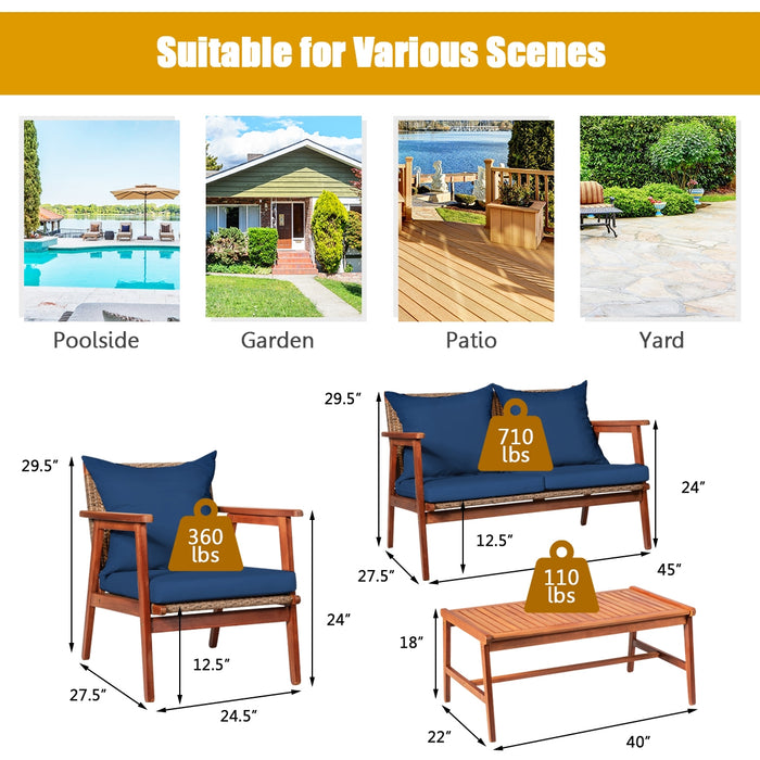 4 Piece  Acacia Wood Patio Rattan Furniture Set-Navy