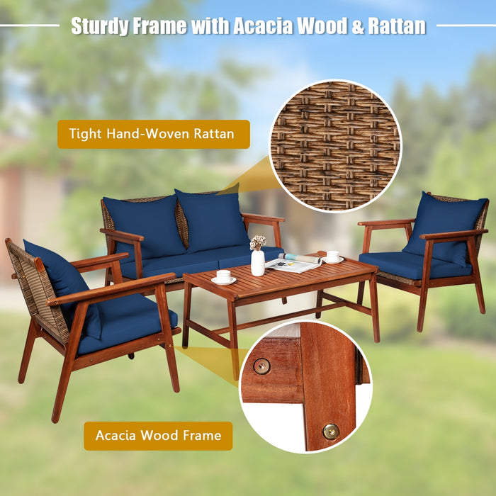 4 Piece  Acacia Wood Patio Rattan Furniture Set-Navy