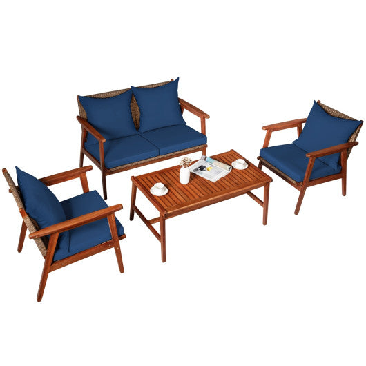 4 Piece  Acacia Wood Patio Rattan Furniture Set-Navy