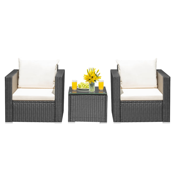 3 Pieces Patio Wicker Conversation SetÂ with Cushion-White