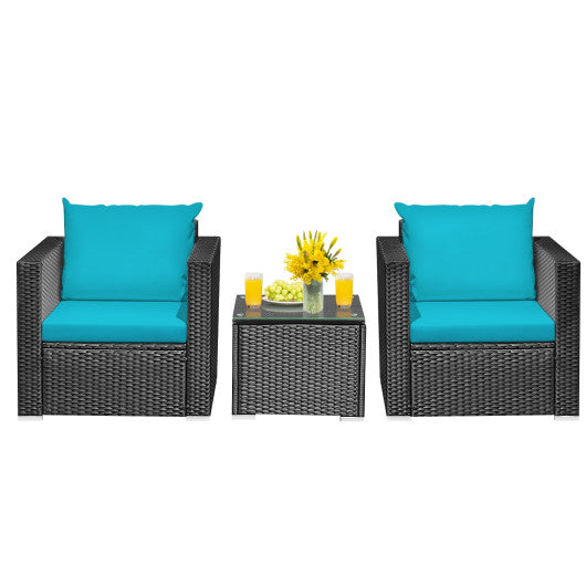 3 Pieces Patio Wicker Conversation SetÂ with Cushion-Turquoise