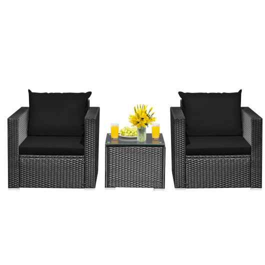 3 Pieces Patio Wicker Conversation SetÂ with Cushion-Black