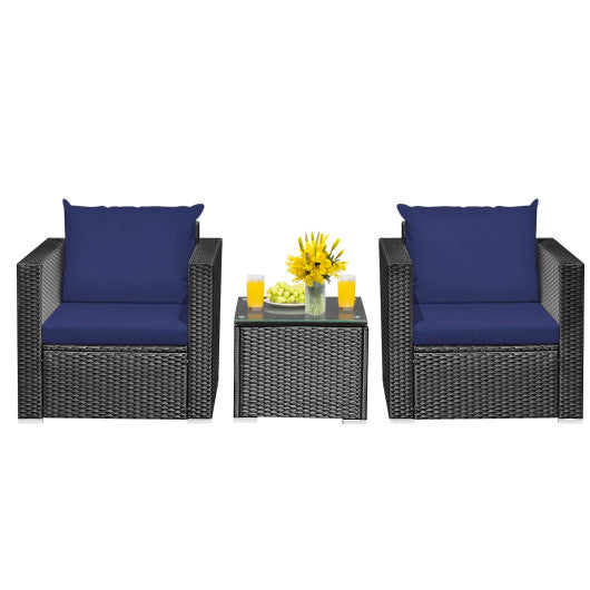 3 Pieces Patio Wicker Conversation SetÂ with Cushion-Navy