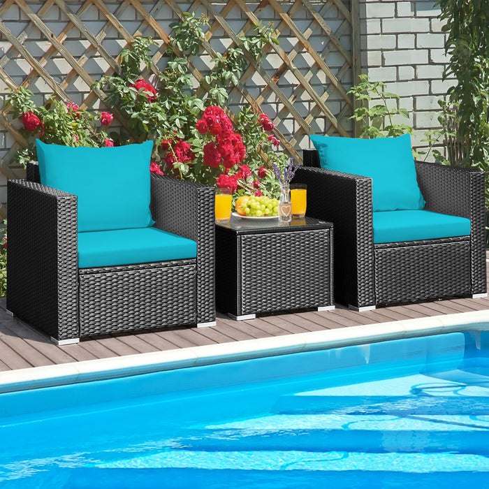 3 Pieces Patio Wicker Conversation SetÂ with Cushion-Turquoise