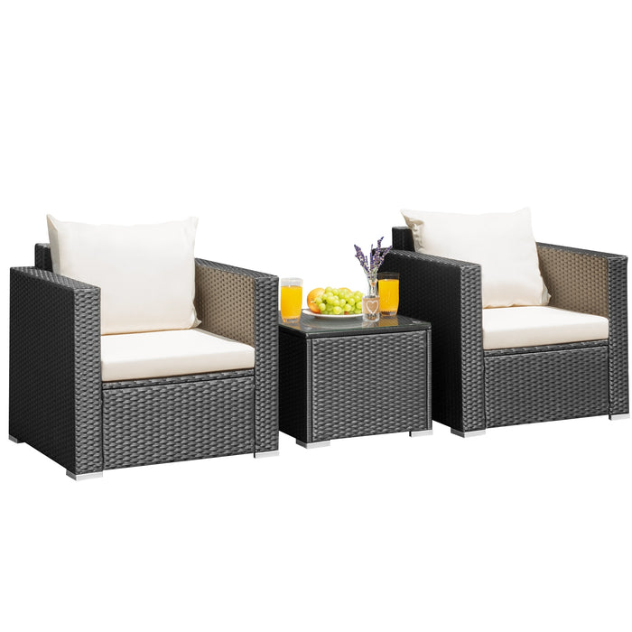 3 Pieces Patio Wicker Conversation SetÂ with Cushion-White