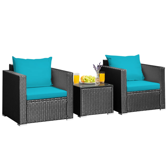 3 Pieces Patio Wicker Conversation SetÂ with Cushion-Turquoise