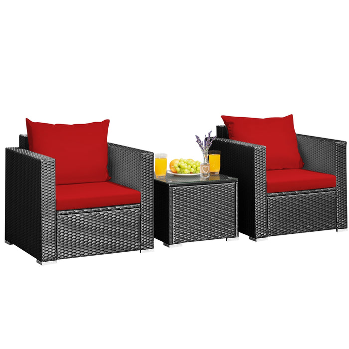 3 Pieces Patio Wicker Conversation SetÂ with Cushion-Red