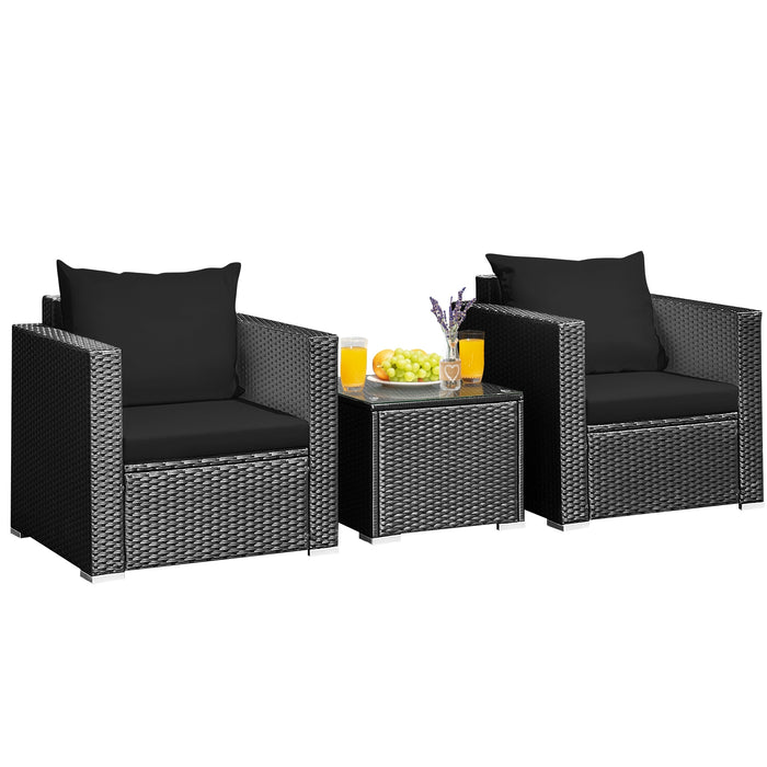 3 Pieces Patio Wicker Conversation SetÂ with Cushion-Black