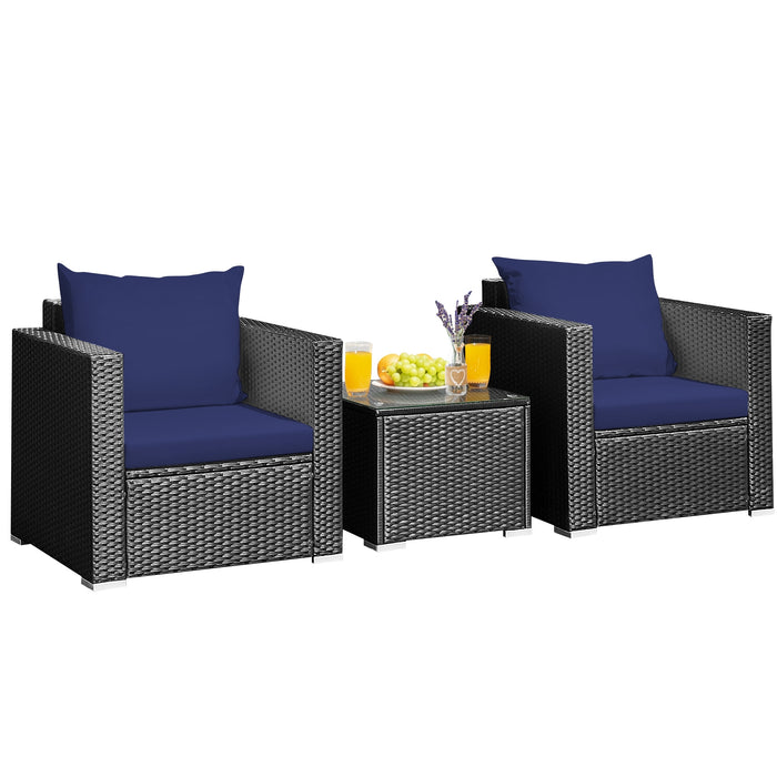 3 Pieces Patio Wicker Conversation SetÂ with Cushion-Navy