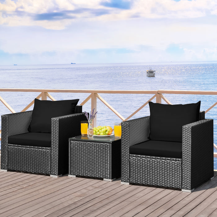 3 Pieces Patio Wicker Conversation SetÂ with Cushion-Black