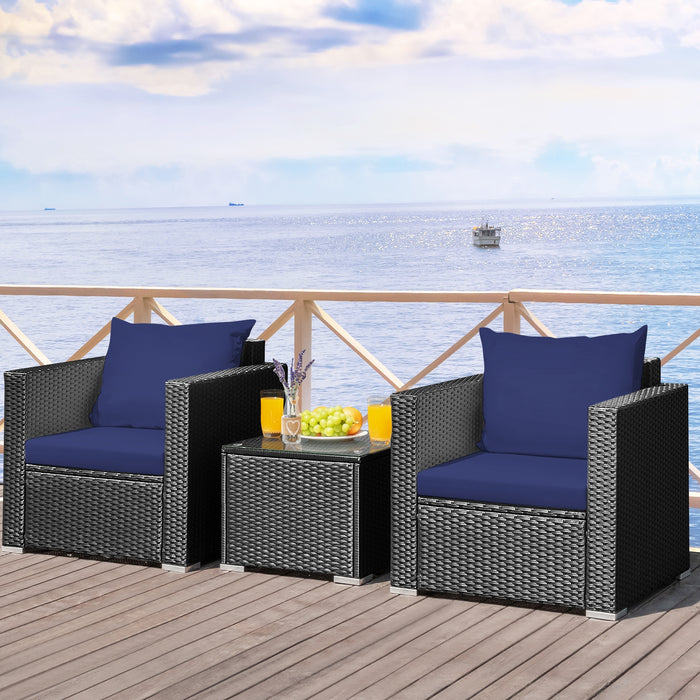 3 Pieces Patio Wicker Conversation SetÂ with Cushion-Navy