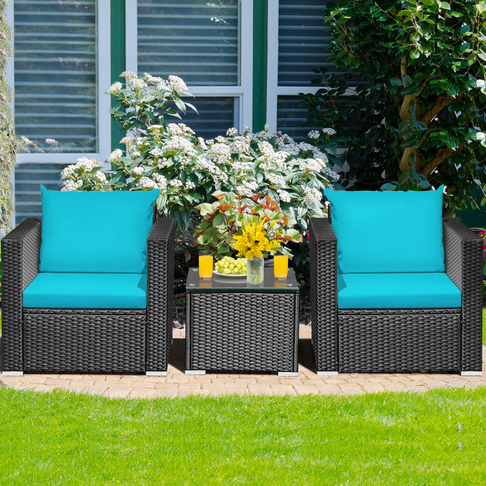 3 Pieces Patio Wicker Conversation SetÂ with Cushion-Turquoise