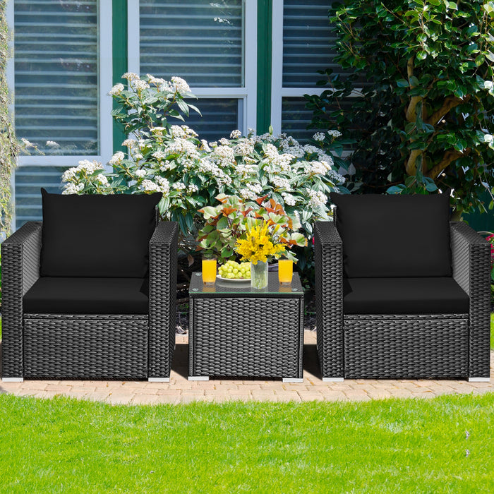 3 Pieces Patio Wicker Conversation SetÂ with Cushion-Black