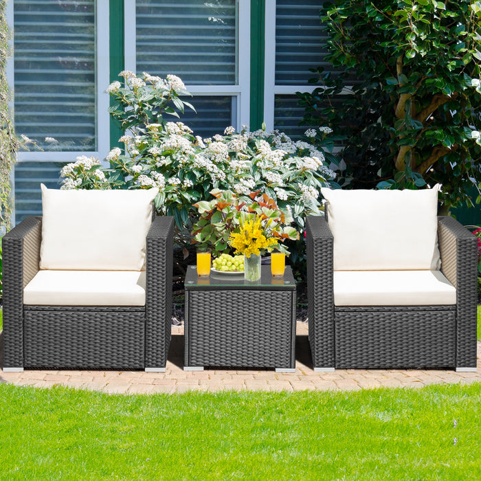 3 Pieces Patio Wicker Conversation SetÂ with Cushion-White