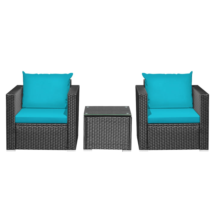 3 Pieces Patio Wicker Conversation SetÂ with Cushion-Turquoise