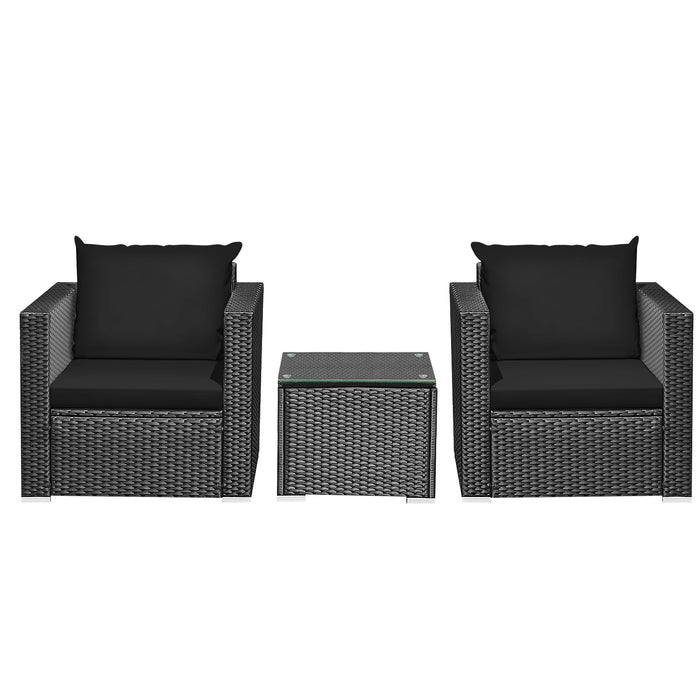 3 Pieces Patio Wicker Conversation SetÂ with Cushion-Black