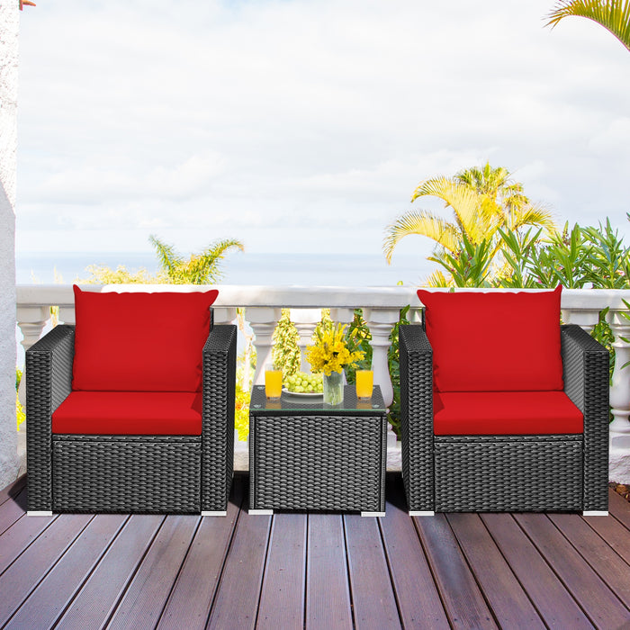 3 Pieces Patio Wicker Conversation SetÂ with Cushion-Red