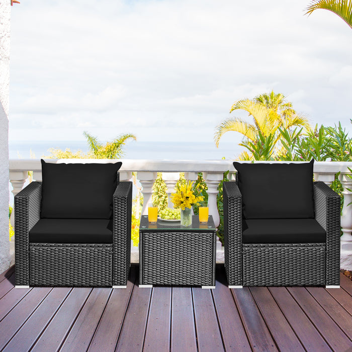 3 Pieces Patio Wicker Conversation SetÂ with Cushion-Black