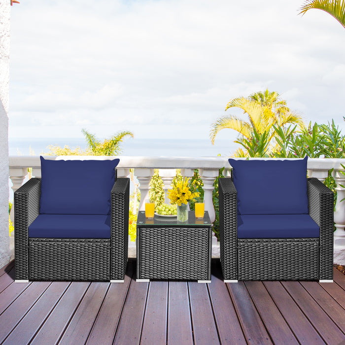 3 Pieces Patio Wicker Conversation SetÂ with Cushion-Navy