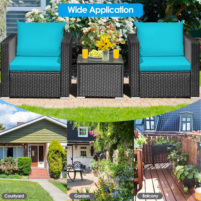 3 Pieces Patio Wicker Conversation SetÂ with Cushion-Turquoise