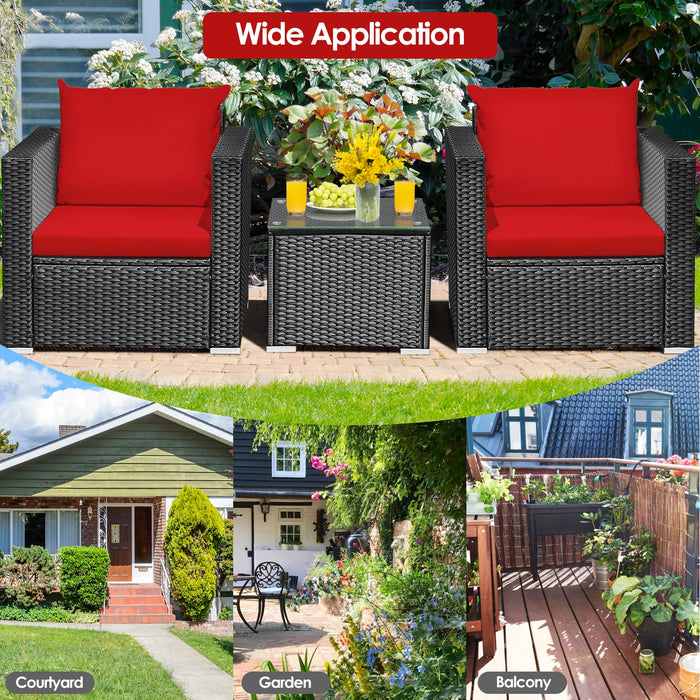 3 Pieces Patio Wicker Conversation SetÂ with Cushion-Red