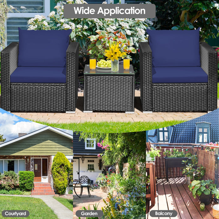 3 Pieces Patio Wicker Conversation SetÂ with Cushion-Navy