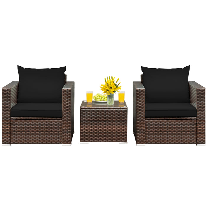 3 Pcs Patio Conversation Rattan Furniture Set with Cushion-Black