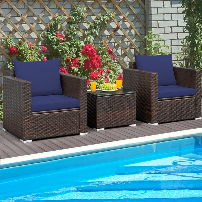 3 Pcs Patio Conversation Rattan Furniture Set with Cushion-Blue