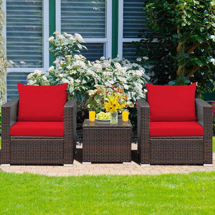 3 Pcs Patio Conversation Rattan Furniture Set with Cushion-Red