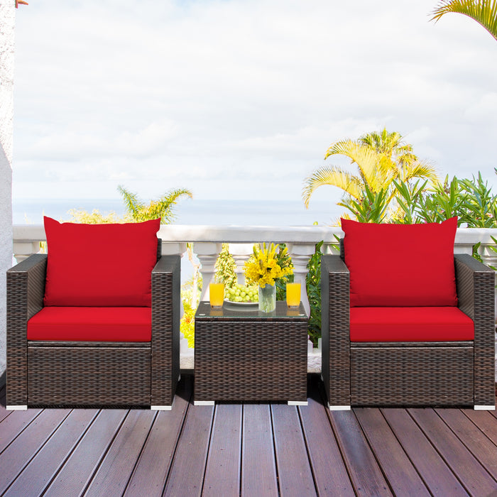 3 Pcs Patio Conversation Rattan Furniture Set with Cushion-Red