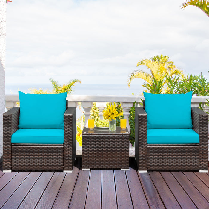 3 Pcs Patio Conversation Rattan Furniture Set with Cushion-Turquoise