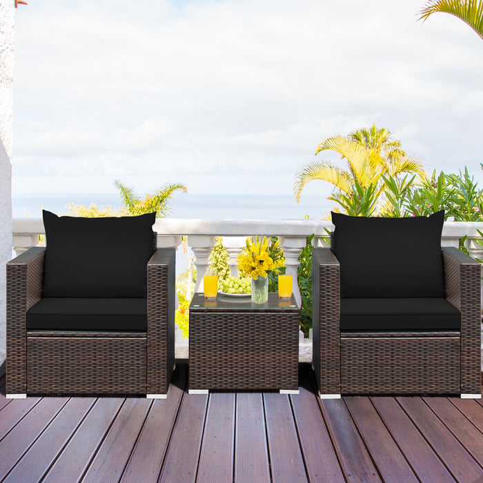 3 Pcs Patio Conversation Rattan Furniture Set with Cushion-Black