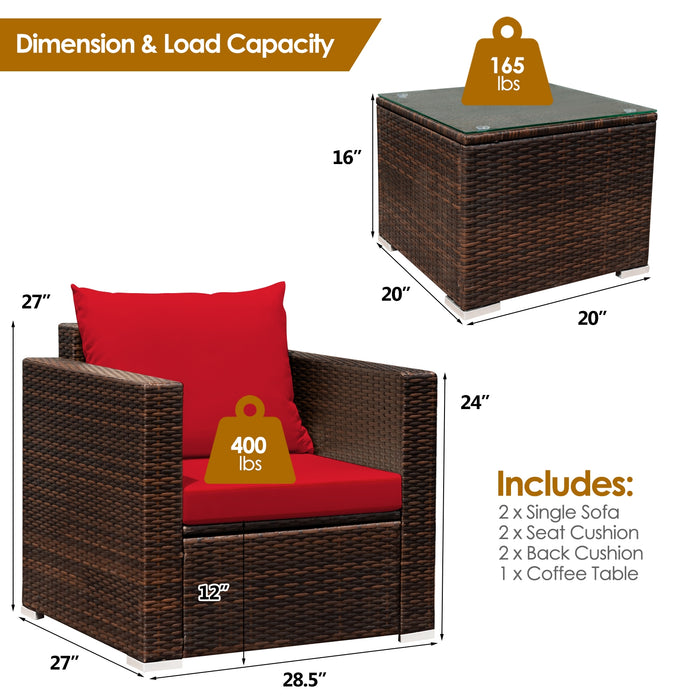 3 Pcs Patio Conversation Rattan Furniture Set with Cushion-Red