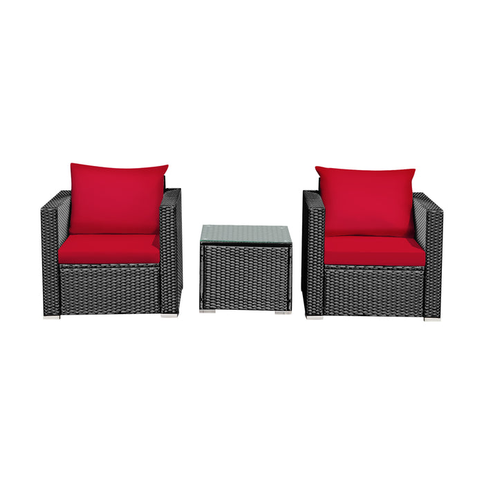 3 Pcs Patio Conversation Rattan Furniture Set with Cushion-Red